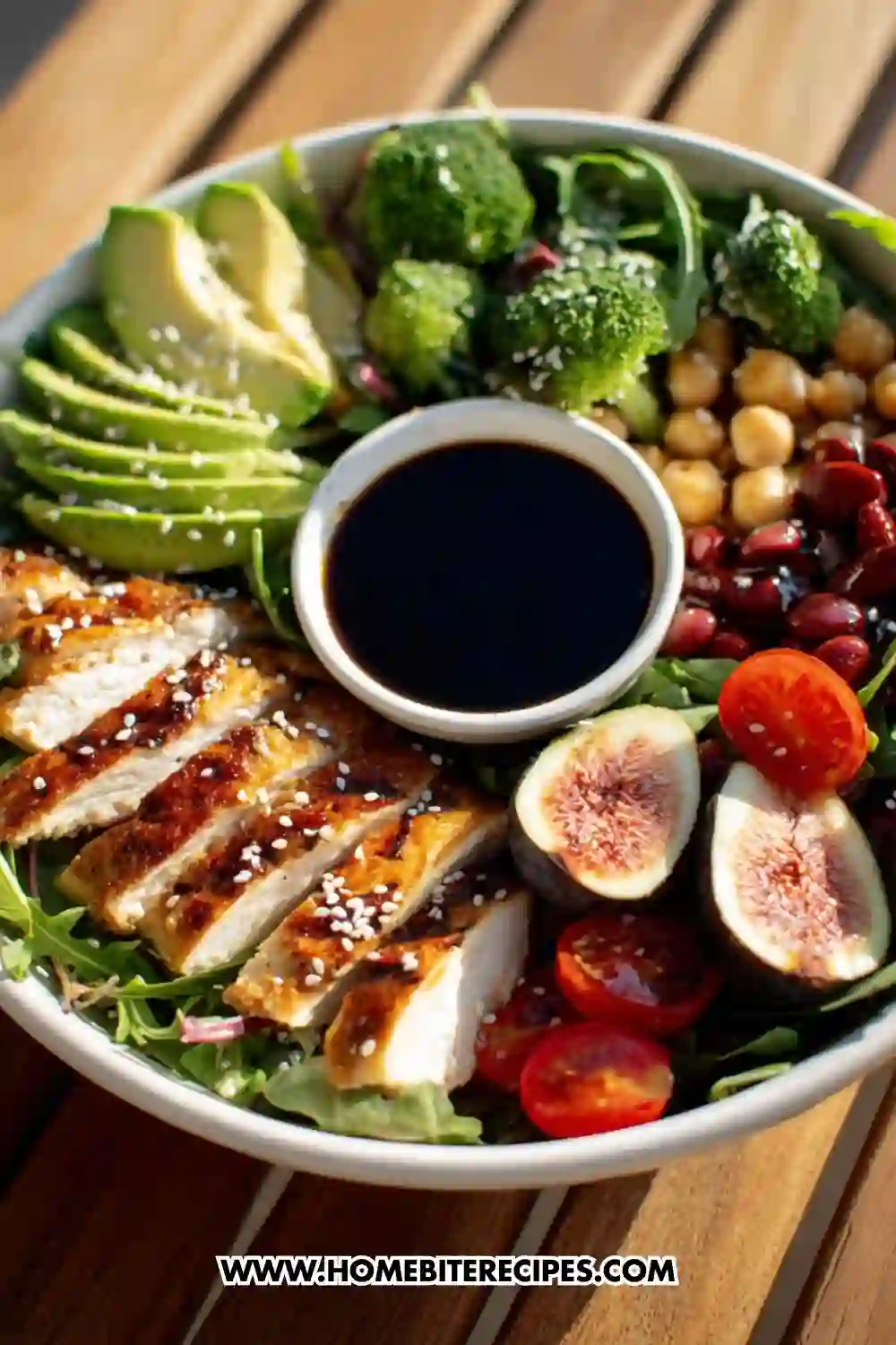 A colorful grilled chicken power bowl with avocado, figs, chickpeas, tomatoes, broccoli, and soy dressing served on a wooden table.