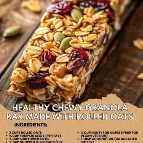 Close-up of a healthy chewy granola bar made with rolled oats, seeds, dried cranberries, and nuts coated in glossy honey, on a rustic wooden table.