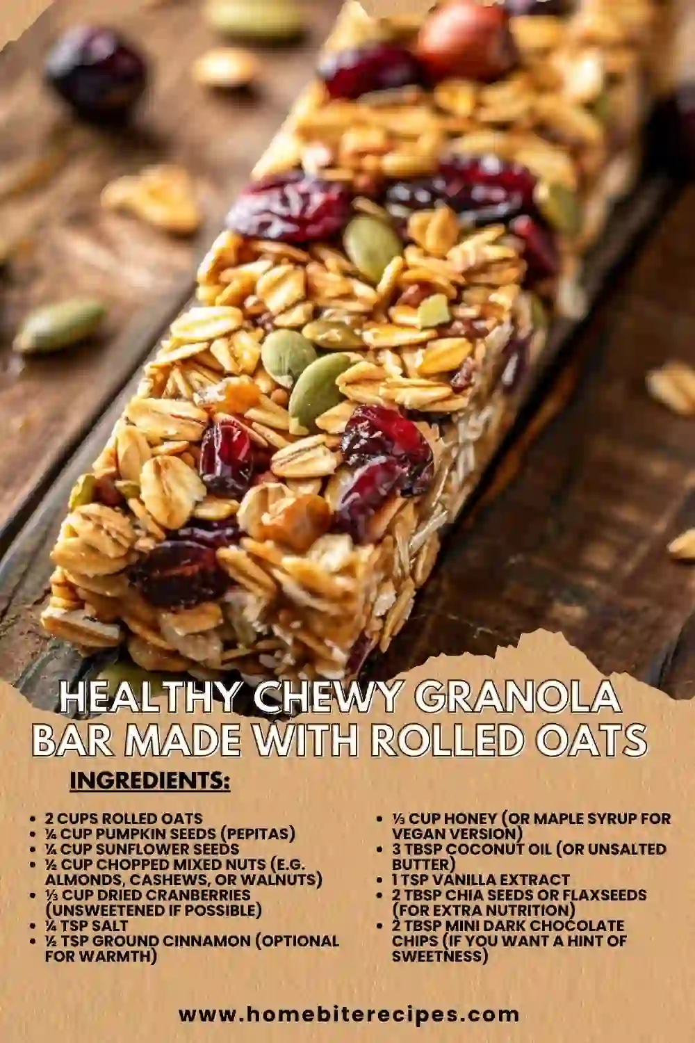 Close-up of a healthy chewy granola bar made with rolled oats, seeds, dried cranberries, and nuts coated in glossy honey, on a rustic wooden table.