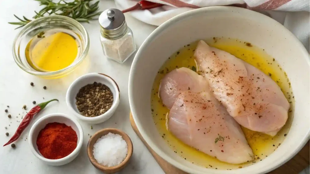 Two raw chicken breasts marinating in a bowl with olive oil, salt, pepper, and paprika.