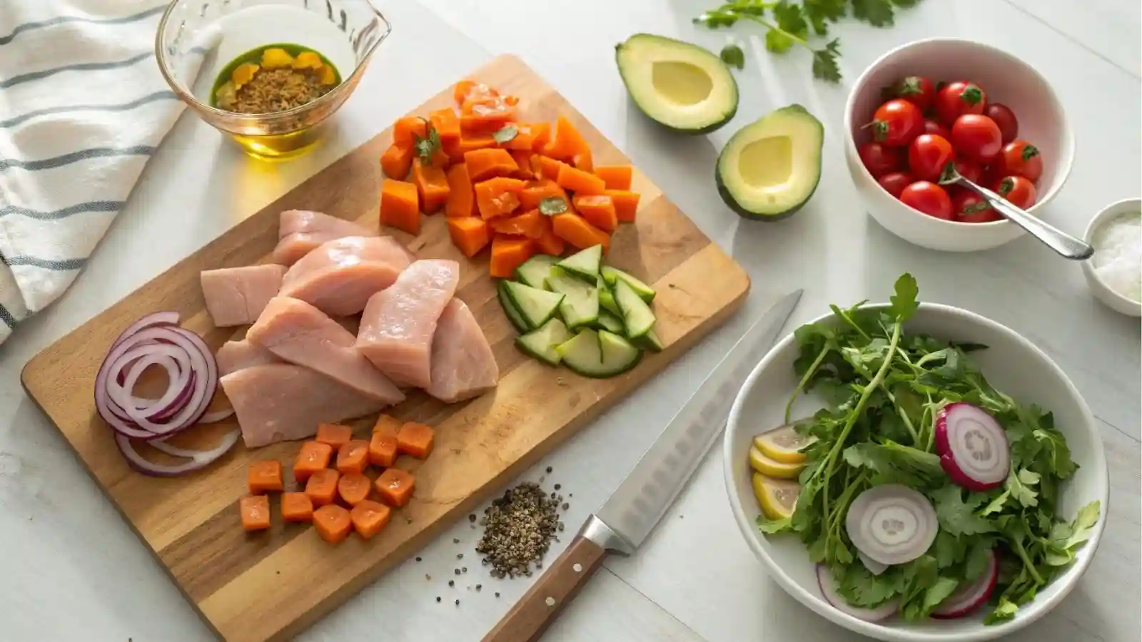 A cutting board with diced sweet potatoes, sliced cucumbers, halved cherry tomatoes, and thinly sliced red onion. Two raw chicken breasts marinating in a bowl with olive oil, salt, pepper, and paprika. Nearby, a knife, fresh mixed greens, and avocado slices ready to be added.