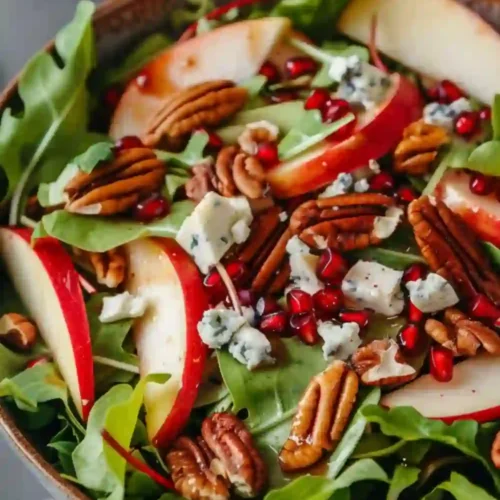 Healthy apple and pomegranate salad with blue cheese, pecans, and leafy greens – a colorful immunity-boosting meal full of vitamins and antioxidants.
