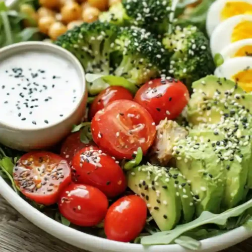 A healthy power bowl salad with broccoli, avocado, cherry tomatoes, hard-boiled eggs, chickpeas, arugula, and creamy yogurt dressing topped with sesame seeds.