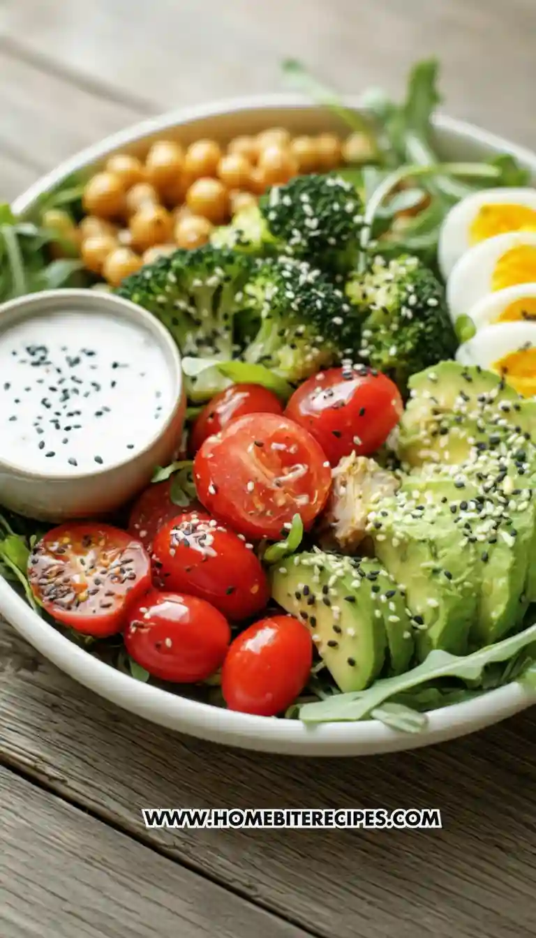 A healthy power bowl salad with broccoli, avocado, cherry tomatoes, hard-boiled eggs, chickpeas, arugula, and creamy yogurt dressing topped with sesame seeds.