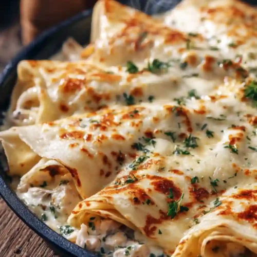 Savory crêpe casserole filled with shredded chicken, mushrooms, and creamy béchamel sauce, topped with melted golden cheese inside a steaming skillet
