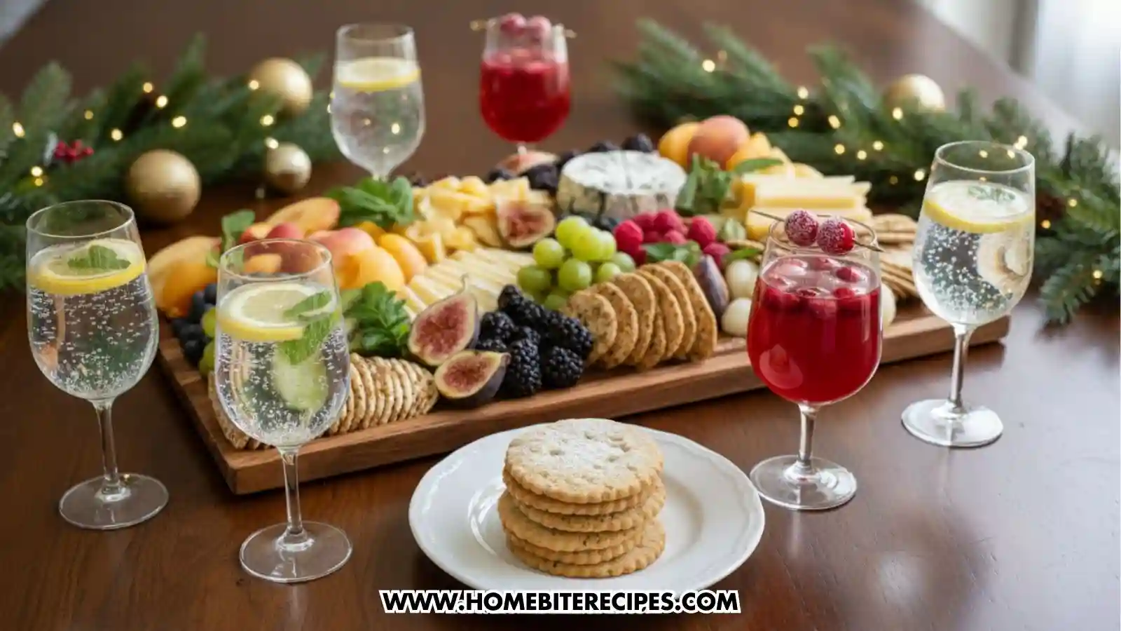 Holiday Cheese & Fruit Board with assorted cheeses, figs, crackers, berries, grapes, kiwi, peaches, and fresh herbs arranged beautifully on a wooden board served on a holiday table with glasses of sparkling water and bright holiday mocktails made with cranberry