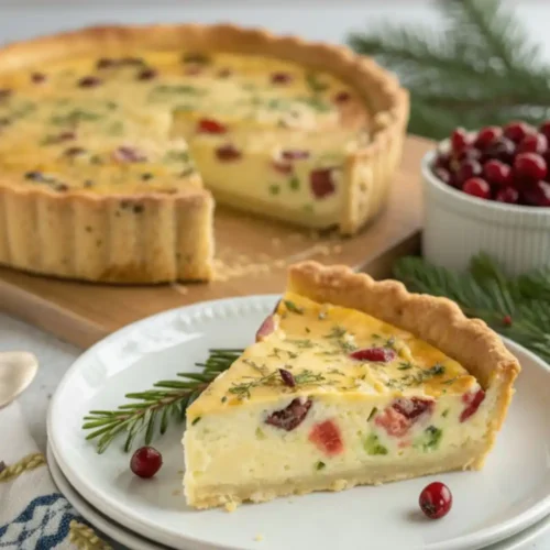 Slice of holiday quiche with cranberries, vegetables, creamy filling, and a buttery crust on a white plate with fresh rosemary and cranberries