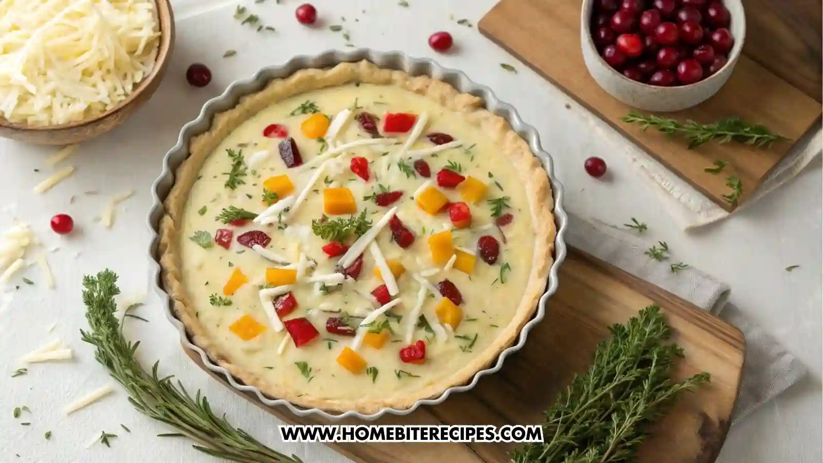 A raw, unbaked holiday quiche in a round tart pan, filled with creamy egg mixture, colorful diced bell peppers, whole fresh cranberries, and shredded cheese, arranged beautifully and ready to bake. The crust is golden and uncooked, edges neat, with fresh thyme sprigs on top.