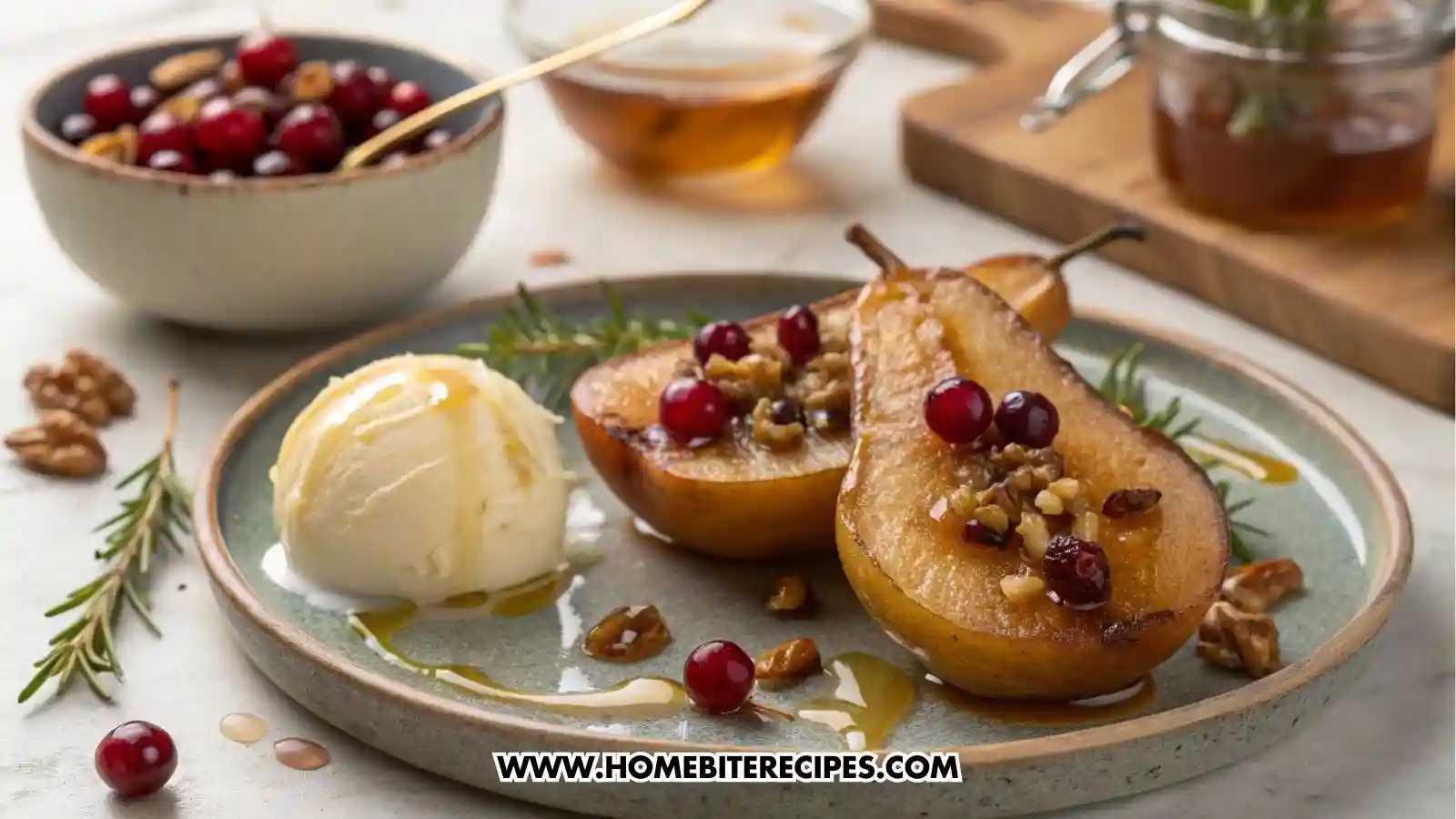 Warm Honey-Baked Pears with Cranberries and Walnuts served on a rustic ceramic plate, topped with glossy cranberries, walnuts, and fresh thyme, accompanied by a generous scoop of melting classic vanilla ice cream, golden honey drizzling down the pears and pooling on the plate