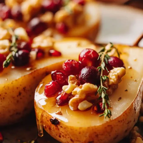 Close-up of honey-baked pear halves topped with cranberries, toasted walnuts, and fresh thyme, drizzled with warm honey on a rustic plate.