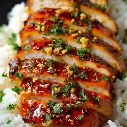Sliced honey garlic glazed chicken breast topped with fresh herbs and crispy garlic, served over fluffy white rice in a bowl.