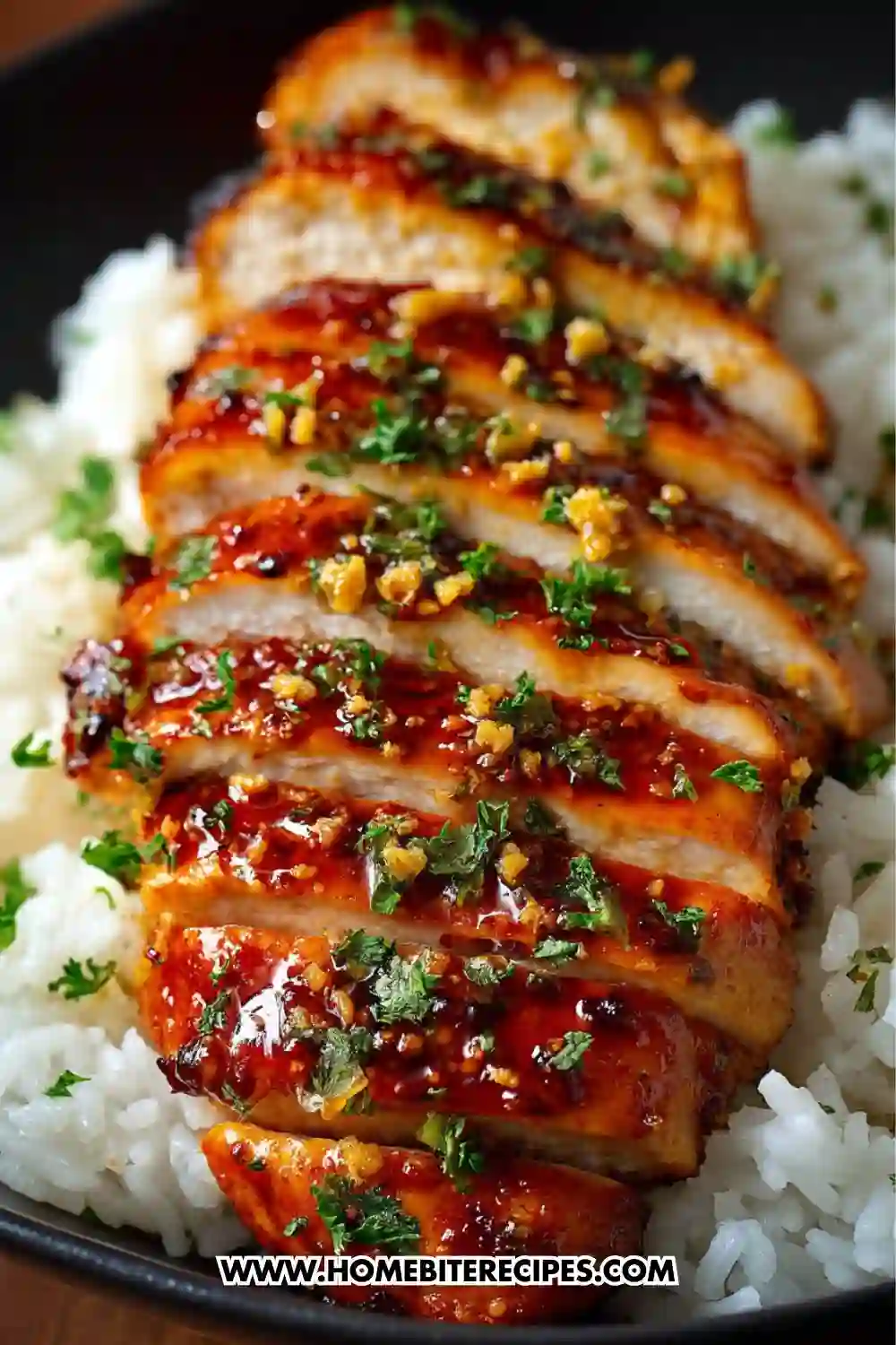 Sliced honey garlic glazed chicken breast topped with fresh herbs and crispy garlic, served over fluffy white rice in a bowl.
