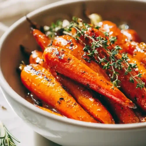 A bowl of glossy honey-garlic roasted carrots topped with fresh thyme and herbs, beautifully caramelized and served in a white dish.