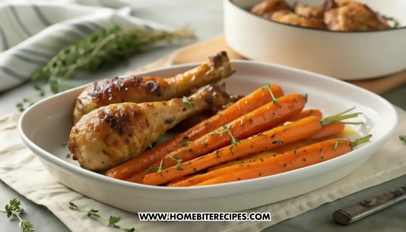 A glossy honey-garlic roasted carrots topped with fresh thyme and herbs, beautifully caramelized and served alongside a golden crispy roasted chicken drumsticks in a white dish.