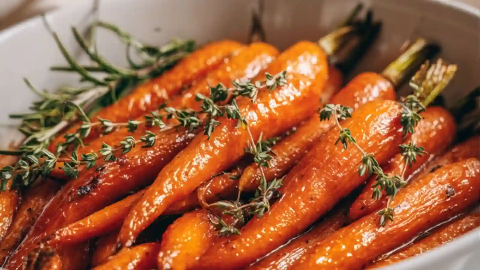 A bowl of glossy honey-garlic roasted carrots topped with fresh thyme and herbs, beautifully caramelized and served in a white dish.