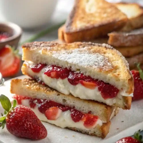 Close-up of golden toasted French toast stuffed with creamy filling and fresh strawberry compote, sliced in half and dusted with powdered sugar, served with whole strawberries.