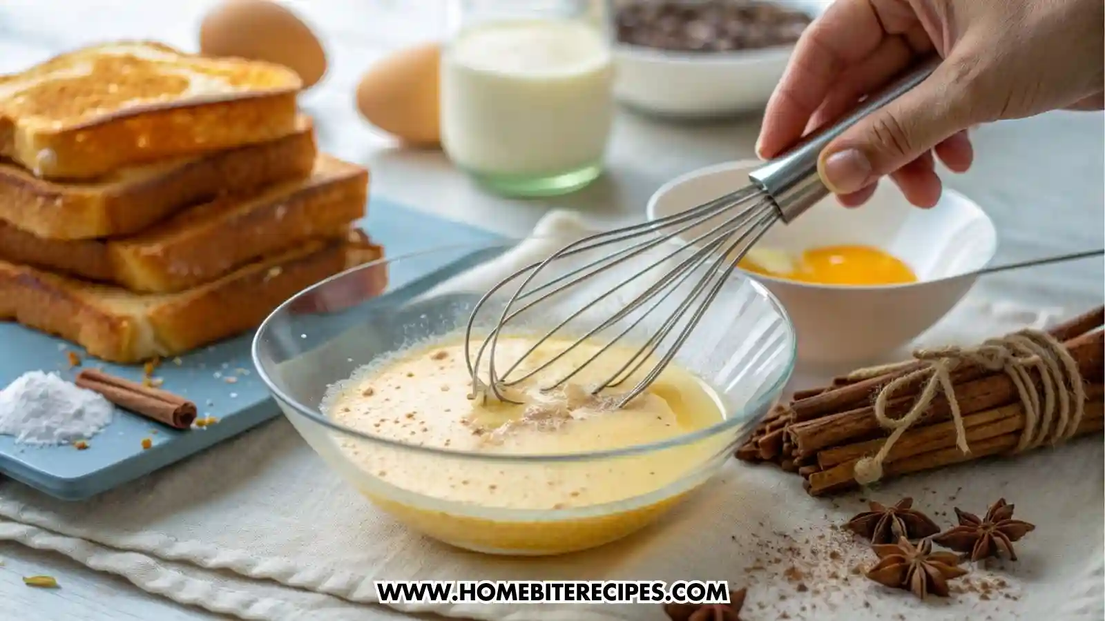 A close-up of a hand in a shallow dish whisking together eggs, milk, sugar, vanilla, cinnamon, and salt, in the background a stack of golden-brown French toast filled with the cream cheese mixture