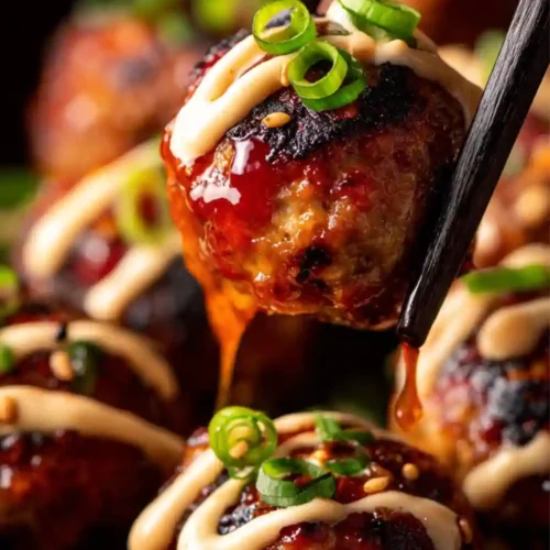 Close-up shot of Japanese spicy glazed meatballs topped with green onions, sesame seeds, and drizzled sauce, held with chopsticks.