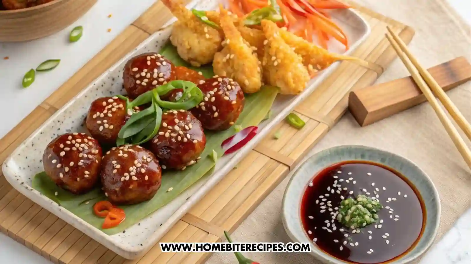 Close-up shot of Japanese spicy glazed meatballs topped with green onions, sesame seeds, and drizzled sauce, served with vegetable tempura and sesame soya sauce