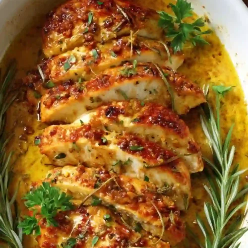Baked chicken breasts sliced and coated in a golden garlic herb butter sauce, garnished with fresh rosemary and parsley in a white baking dish.