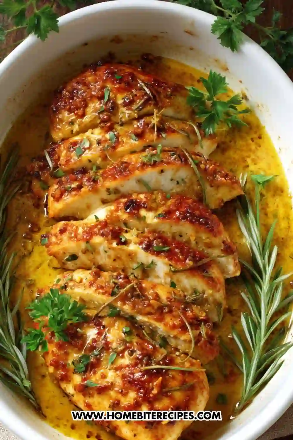 Baked chicken breasts sliced and coated in a golden garlic herb butter sauce, garnished with fresh rosemary and parsley in a white baking dish.