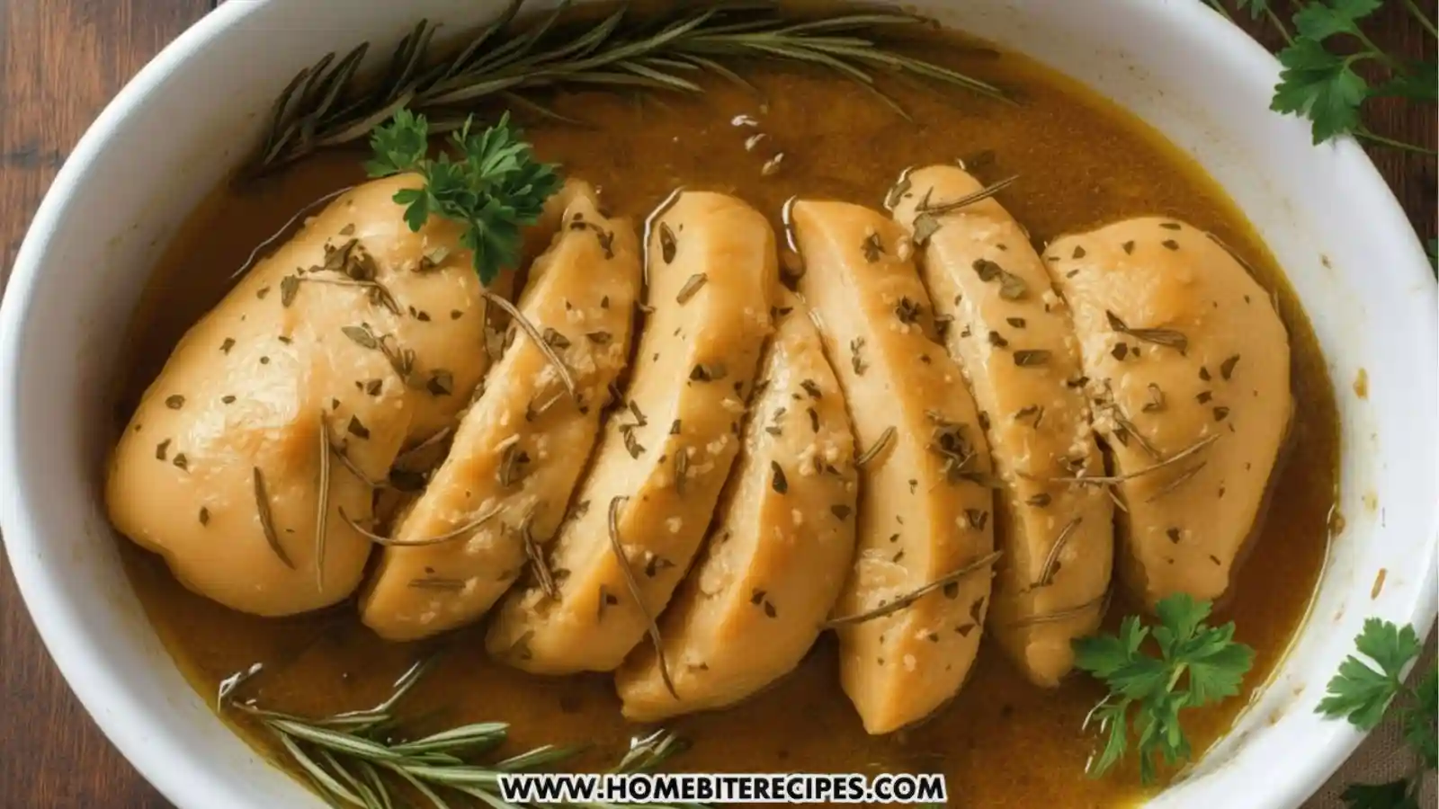 Unbaked chicken breasts sliced coated in a golden garlic herb butter sauce, garnished with fresh rosemary and parsley in a white baking dish.