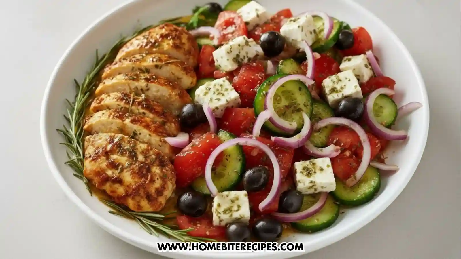 Juicy Garlic Herb Baked Chicken breasts sliced served with greek salad in a white dish.