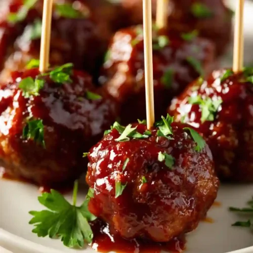 Close-up of juicy glazed BBQ meatballs garnished with parsley and served on toothpicks, ready for party appetizers.