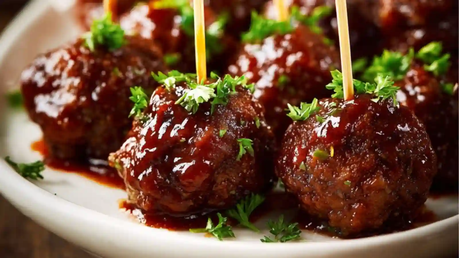 Close-up of juicy glazed BBQ meatballs garnished with parsley and served on toothpicks, ready for party appetizers.