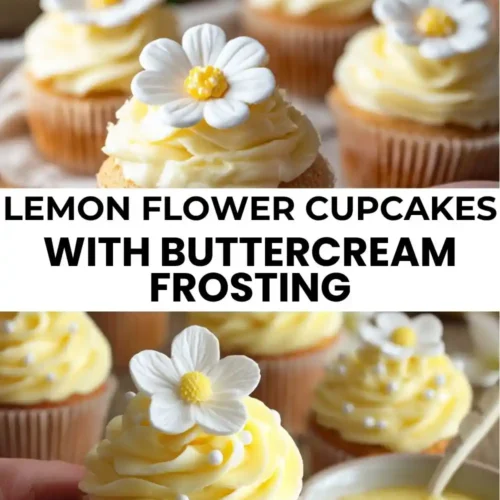 Lemon Flower Cupcakes with Buttercream Frosting and white edible flower decorations, arranged beautifully on a table.