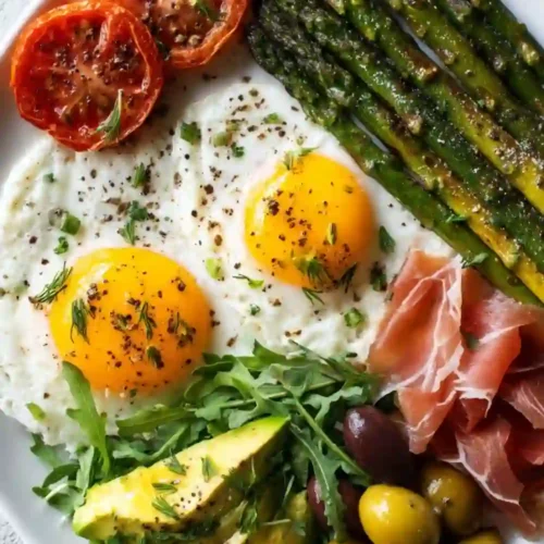 Colorful Mediterranean breakfast plate with sunny-side eggs, roasted asparagus, blistered tomatoes, avocado slices, olives, arugula, and prosciutto on a white dish