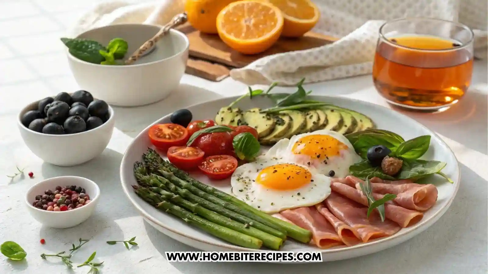 Colorful Mediterranean breakfast plate with sunny-side eggs, roasted asparagus, blistered tomatoes, avocado slices, olives, arugula, and prosciutto on a white dish