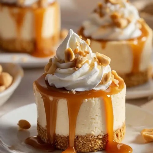 Mini caramel peanut cheesecakes topped with whipped cream, drizzled caramel sauce, and crushed peanuts on white plates.