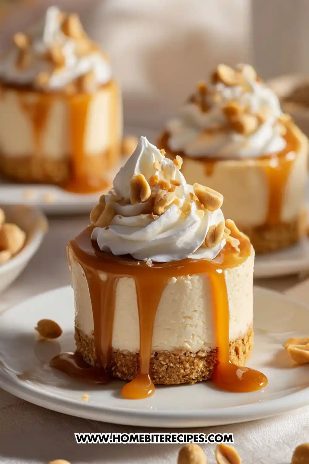 Mini caramel peanut cheesecakes topped with whipped cream, drizzled caramel sauce, and crushed peanuts on white plates.