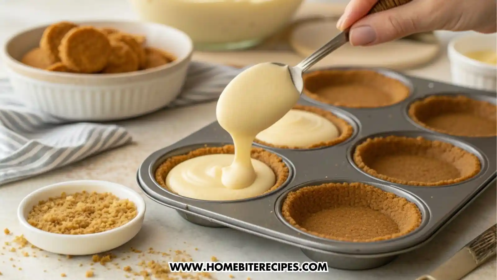 a hand spooning creamy cheesecake batter into a prepared graham cracker crust inside a mold for muffin tin.
