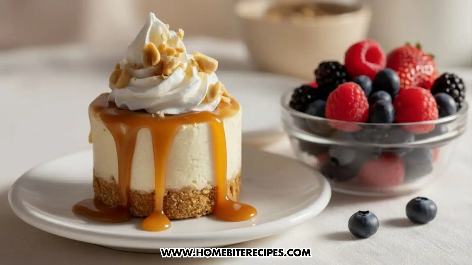 Mini Caramel Peanut Cheesecakes topped with whipped cream, drizzled caramel sauce, and crushed peanuts on white plates, served with a bowl of mix berries