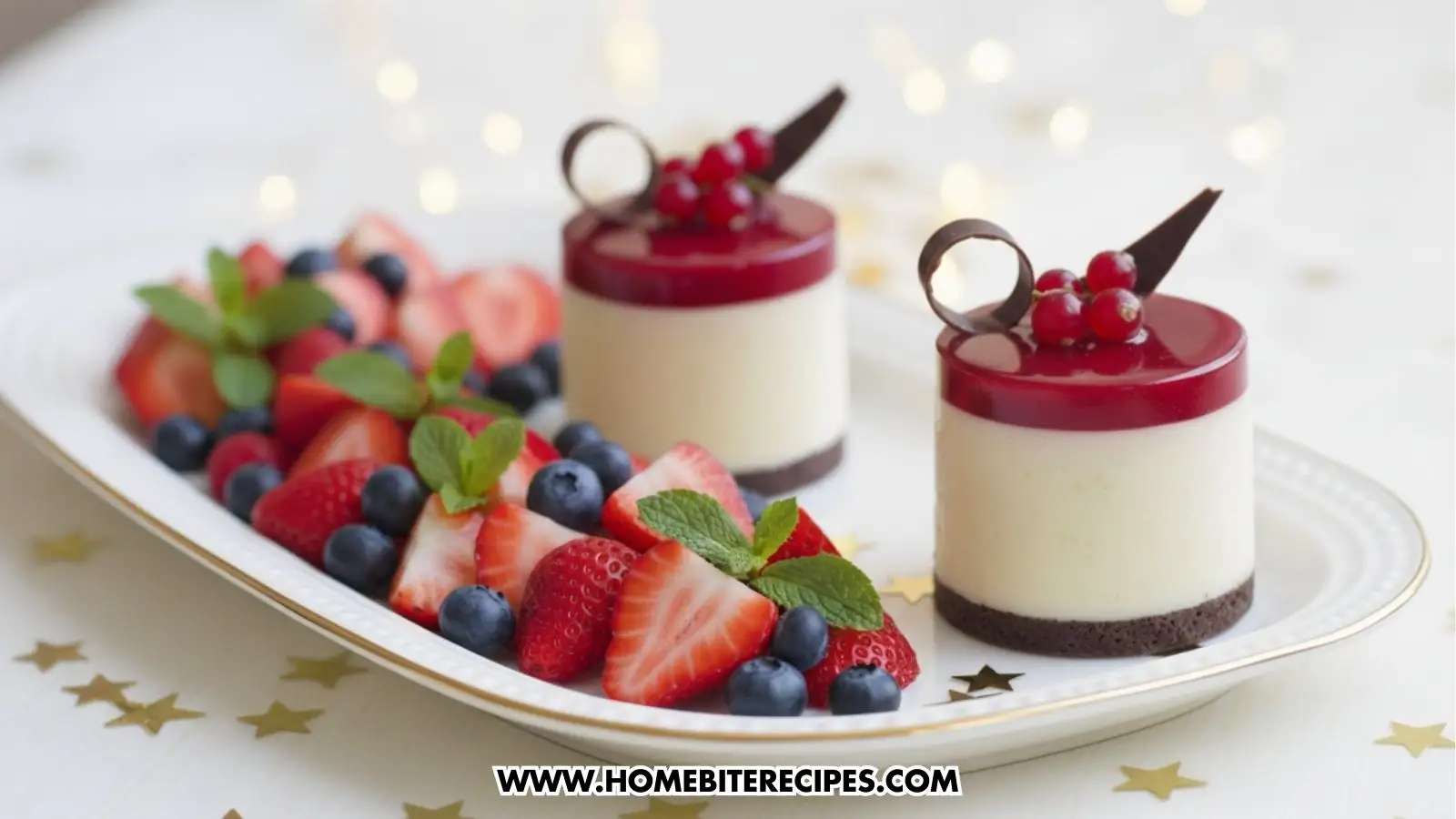Mini White Chocolate Mousse Cakes with Red Berry Glaze and chocolate decorations, served on a white plate with gold stars served with a fresh fruit salad made of strawberries, blueberries, and mint