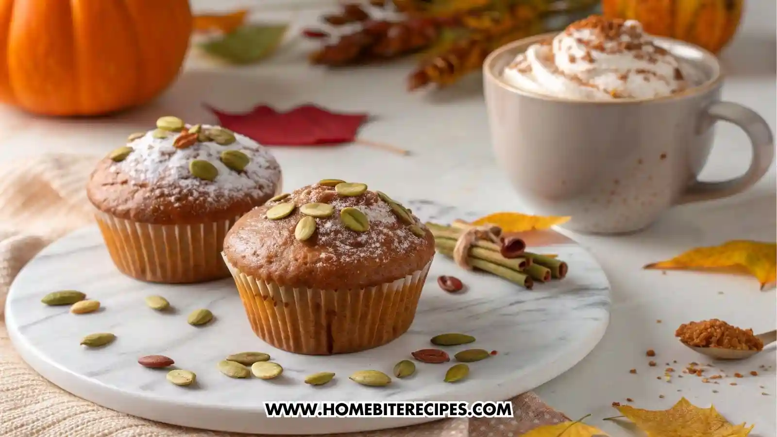 Close-up of freshly baked Moist Pumpkin Muffins topped with powdered sugar and pumpkin seeds, arranged on a marble board with scattered seeds and fall décor in the background.