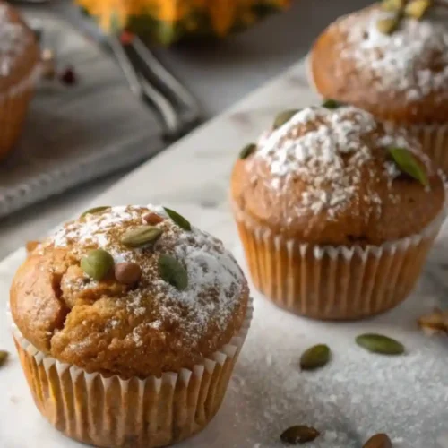 Close-up of freshly baked pumpkin muffins topped with powdered sugar and pumpkin seeds, arranged on a marble board with scattered seeds and fall décor in the background.
