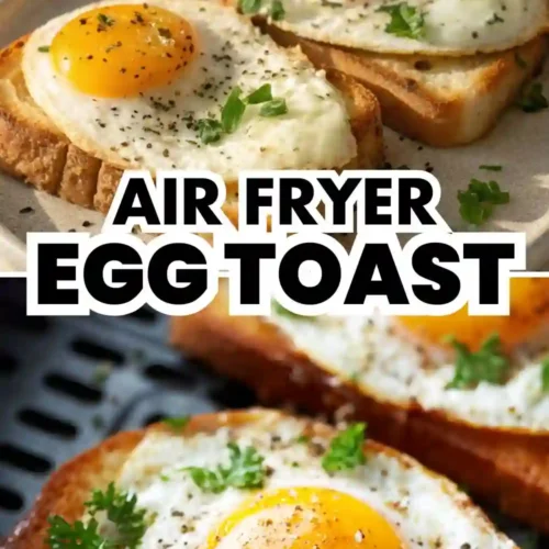 Golden crispy air fryer toast topped with sunny-side-up eggs, black pepper, and fresh herbs — an easy, healthy breakfast idea.
