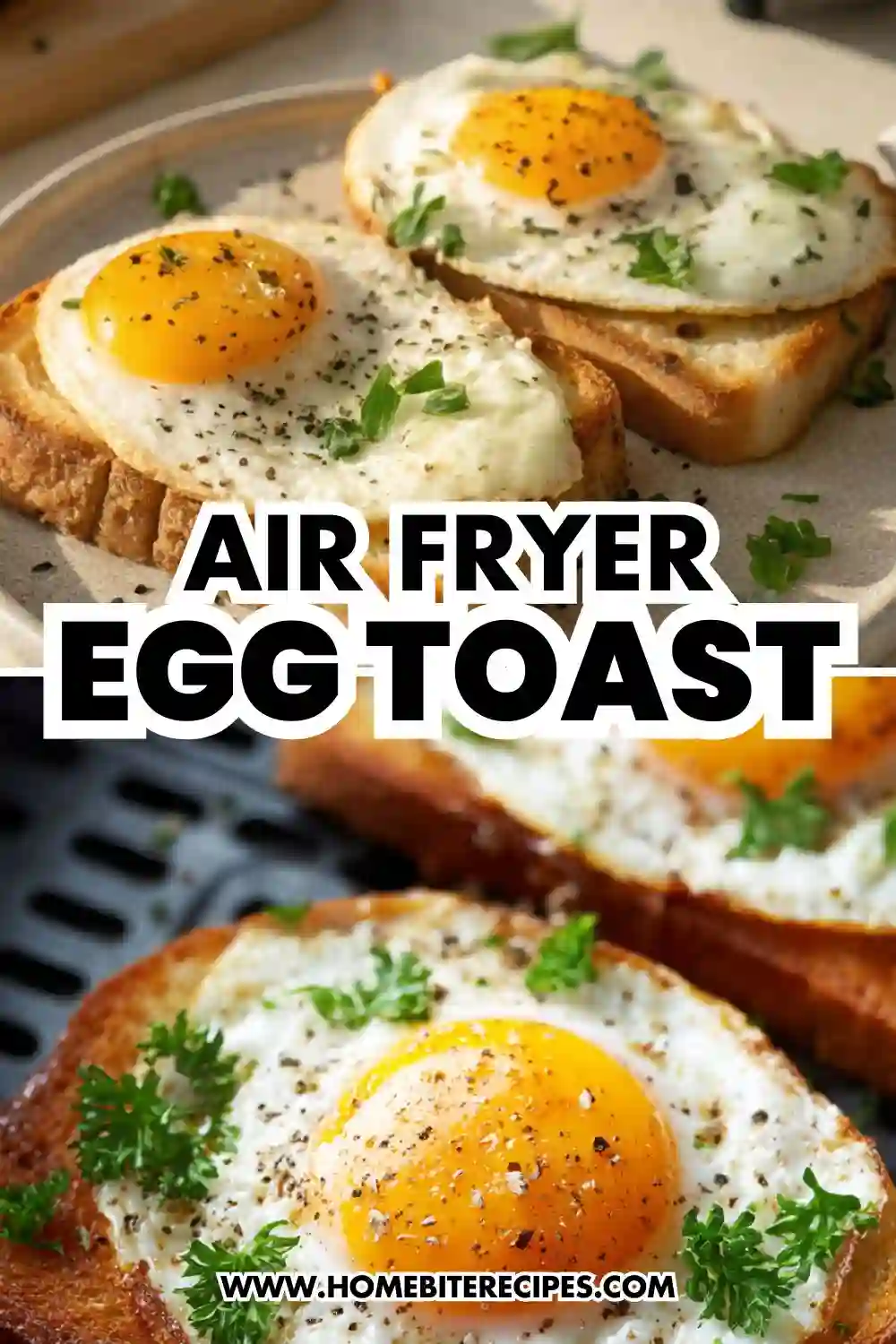 Golden crispy air fryer toast topped with sunny-side-up eggs, black pepper, and fresh herbs — an easy, healthy breakfast idea.