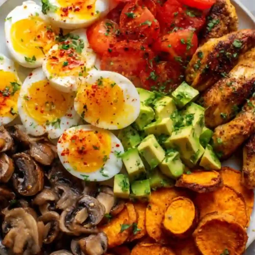 A colorful and nutritious breakfast bowl filled with soft-boiled eggs, seasoned chicken strips, avocado cubes, roasted sweet potatoes, sautéed mushrooms, and fresh tomato slices arranged beautifully on a plate.