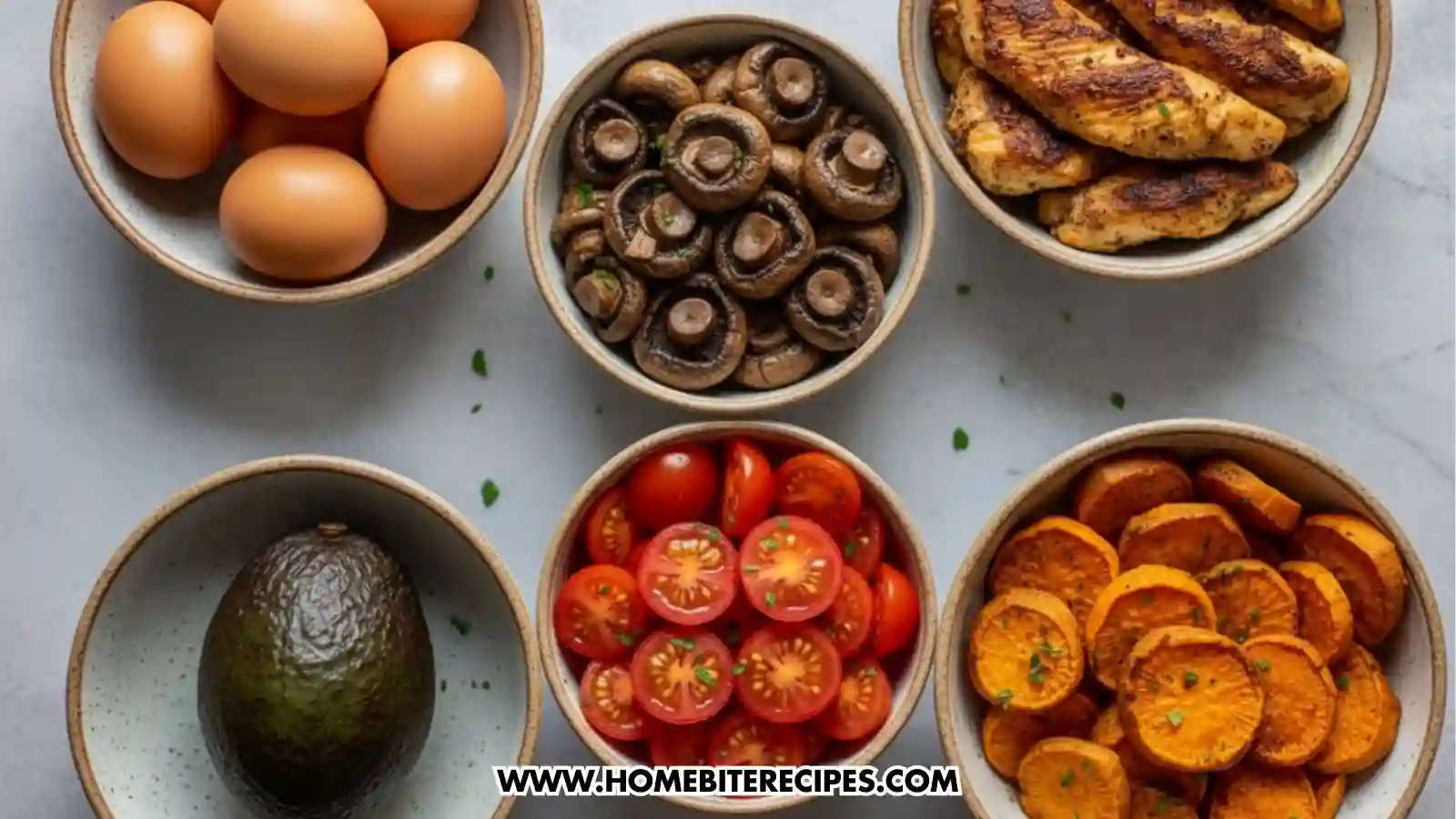 six bowls of the ingredients of Protein-Packed Healthy Breakfast Bowl each one presented in a seperate bowl : tomato, mushrooms, avocado, sweet potato,chicken and eggs