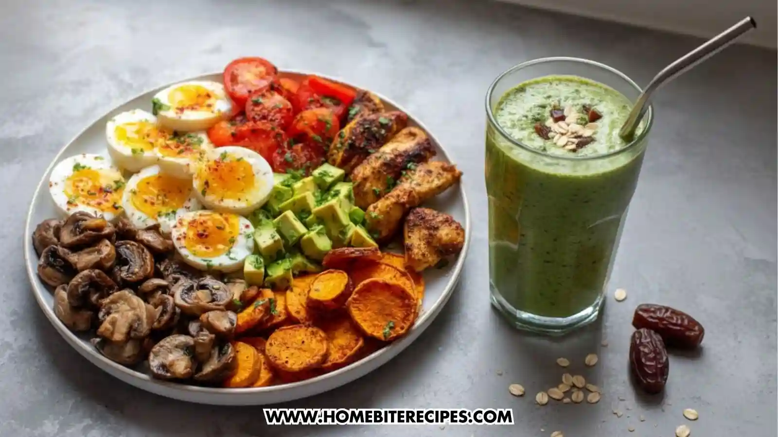 A colorful and nutritious breakfast bowl filled with soft-boiled eggs, seasoned chicken strips, avocado cubes, roasted sweet potatoes, sautéed mushrooms, and fresh tomato slices arranged beautifully on a plate, served with a smoothie of a mix of banana, spinach, oats and dates.