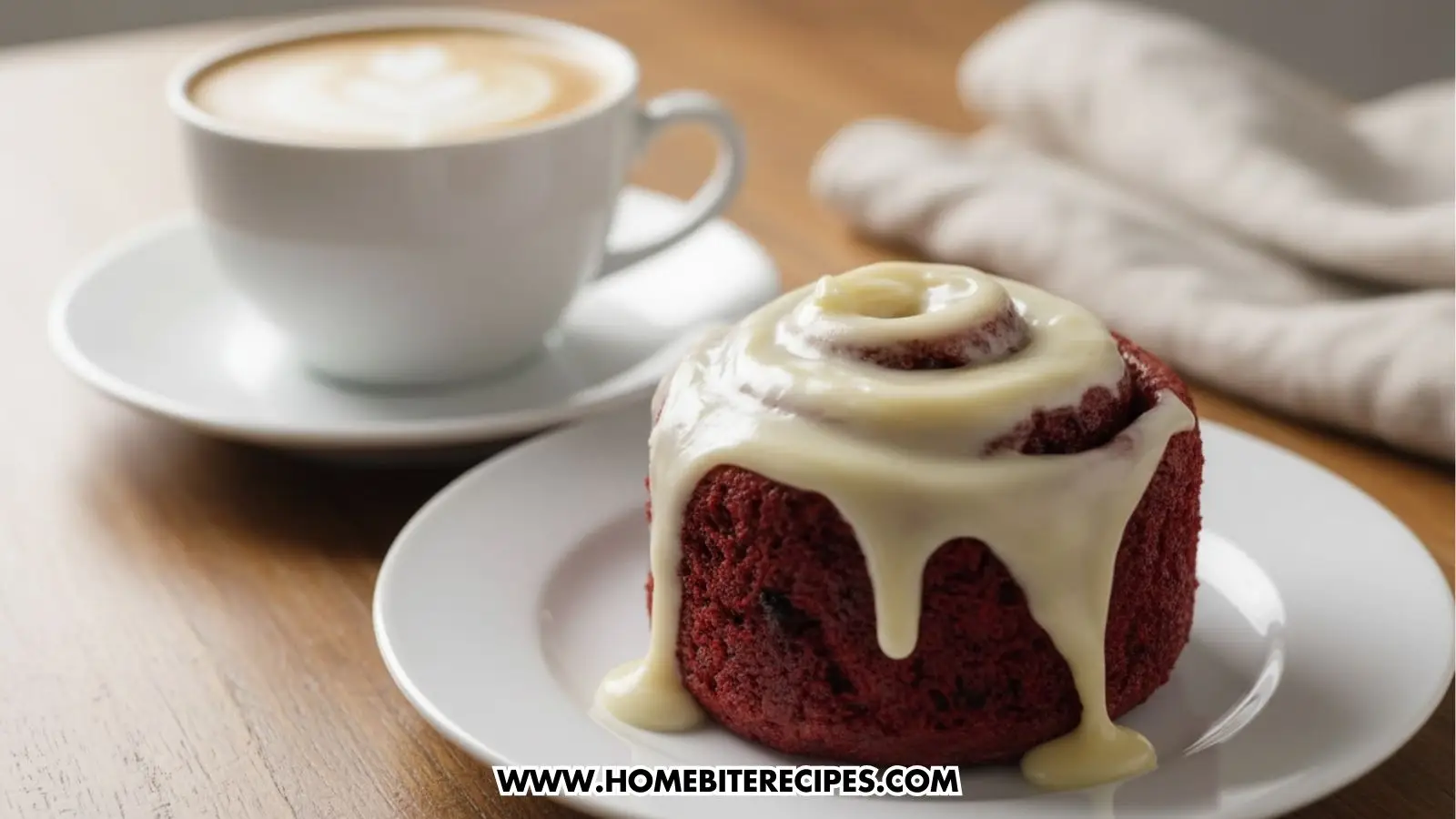 Close-up of soft and tender Red Velvet Cinnamon Roll topped with creamy white frosting, showcasing its rich red color and gooey texture served with a frothy cappuccino