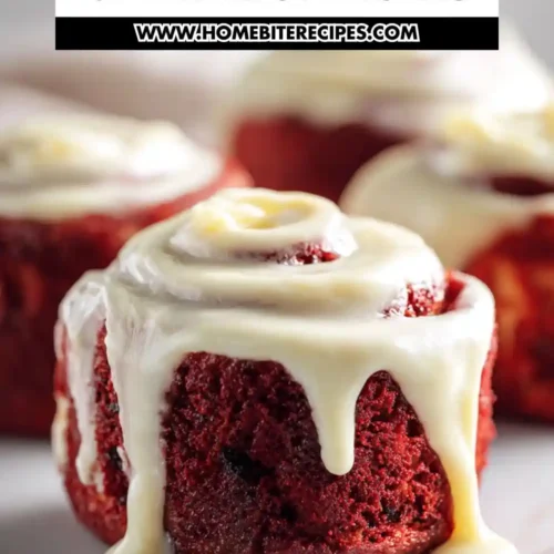 Close-up of soft and tender red velvet cinnamon rolls topped with creamy white frosting, showcasing their rich red color and gooey texture.