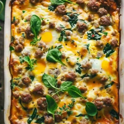 Golden sausage egg breakfast casserole baked with spinach, cheese, and herbs in a white dish.