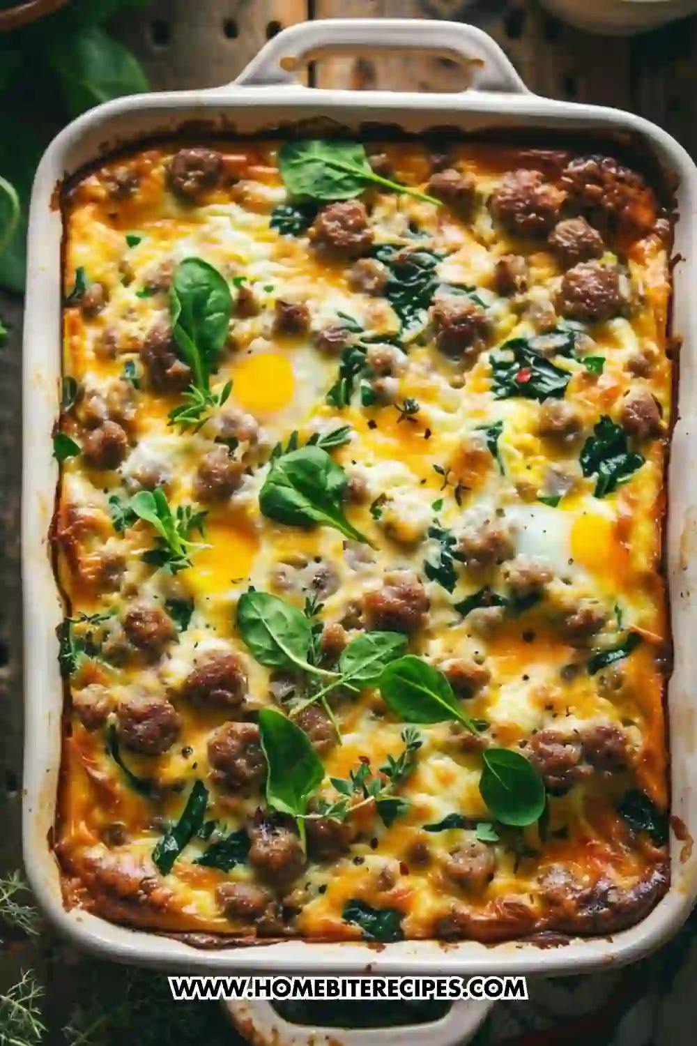 Golden sausage egg breakfast casserole baked with spinach, cheese, and herbs in a white dish.