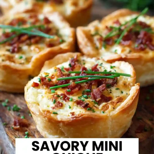 A close-up of savory mini quiche appetizers with golden flaky crust, creamy egg filling, crispy bacon, and fresh chives on top, arranged on a wooden board.