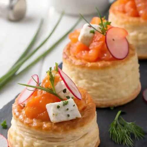 Elegant puff pastry vol-au-vent filled with smoked salmon, cream cheese, radish slices, and fresh herbs, served on a black slate board.